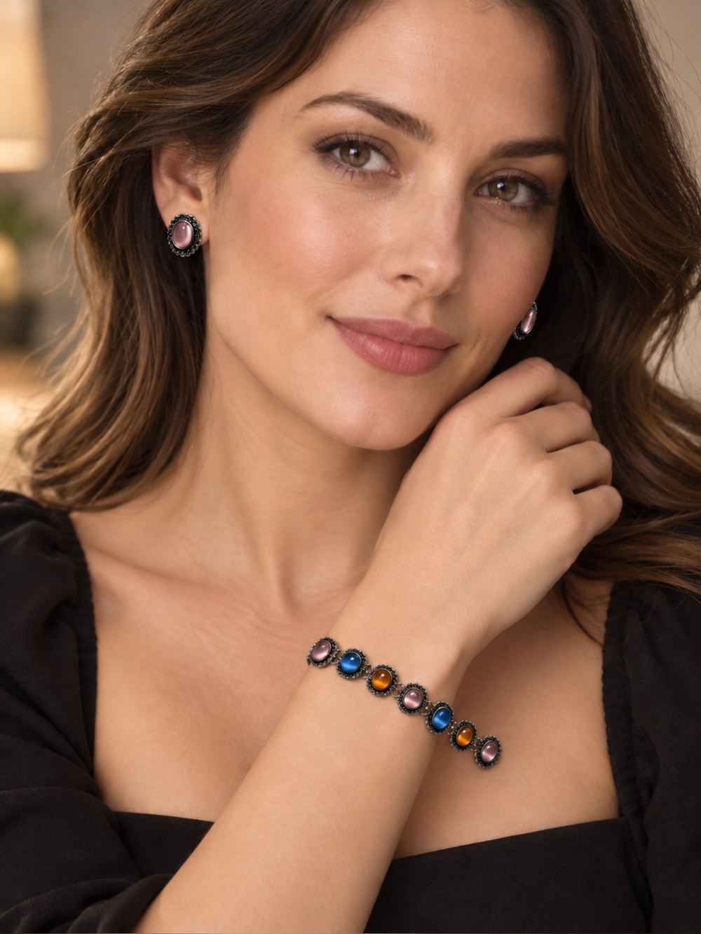 Kim Rogers Pink, Blue & Amber Multi-Stone Earrings,NIB